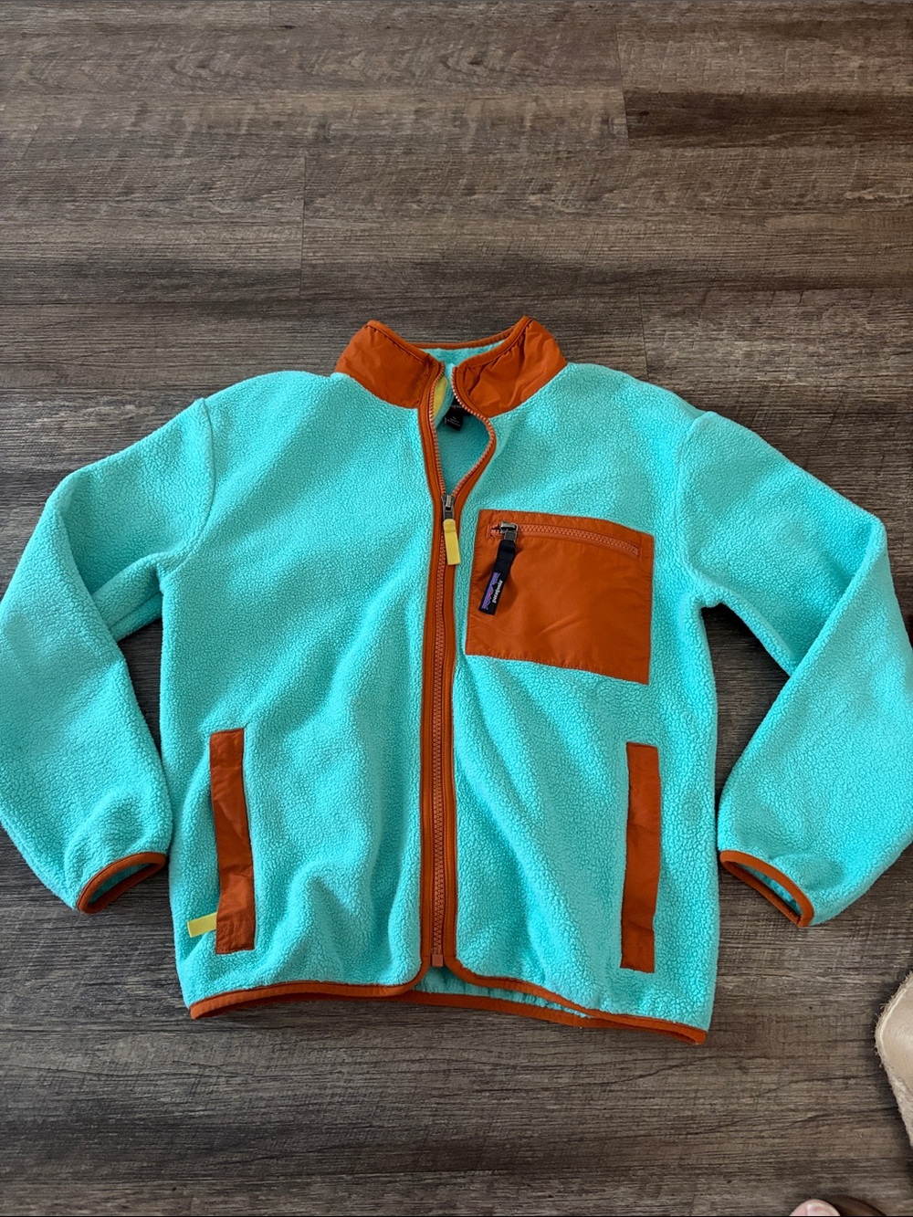 Kids Patagonia Synchilla Teal Fleece with Rust Trim